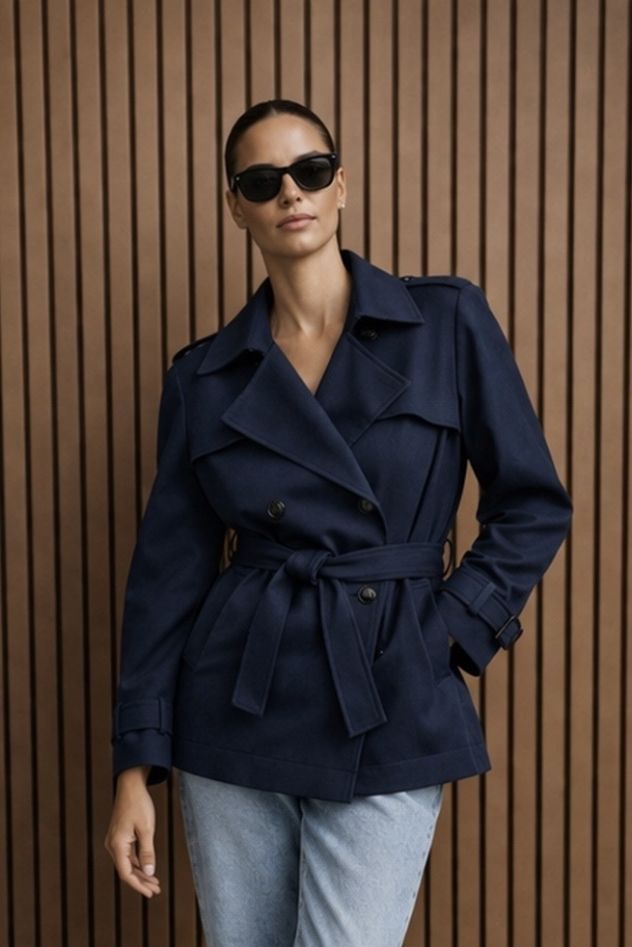 Granatowa Bawełniana kurtka płaszczyk z paskiem ciemny granat z guzikami i pagonami i z wiskozową podszewką