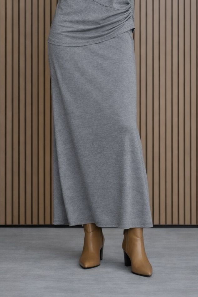 Dzianinowa bawełniana casualowa szara bluzka z długim rękawem z drapowaniem na boku