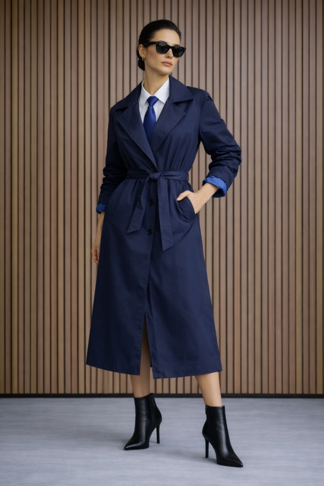 Granatowy trencz z błękitną podszewką bawełna 