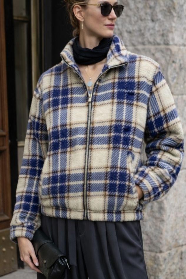 wełniana kurtka w kratę niebiesko-beżową bomberka uniseks z wiskozową podszewką z metalowym suwakiem The Night Black Wełna 100%