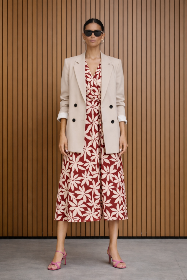 Wiskozowa sukienka kopertowa MAXI na krótki rękaw burgundowo ceglasta w białe kwiaty