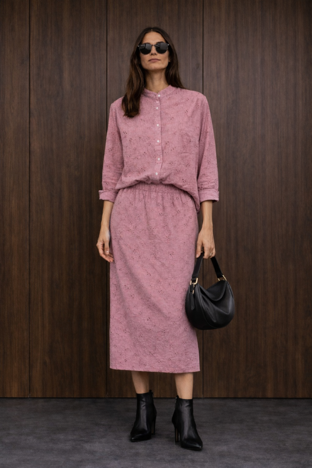 Bawełniany ażurowy różowy komplet koszula ze stójką, bez kołnierzyka i spódnica