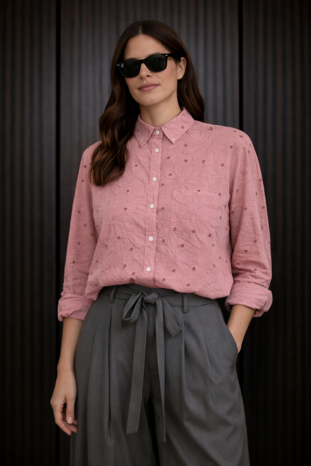 Bawełniana ażurowa różowa koszula z kołnierzykiem