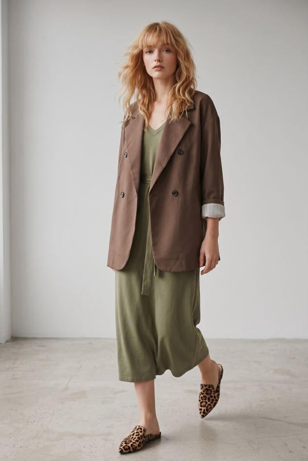 Shop the look Marynarko płaszczyk brąz z podszewką w paski i bawełniana zielona sukienka na ramiączka 