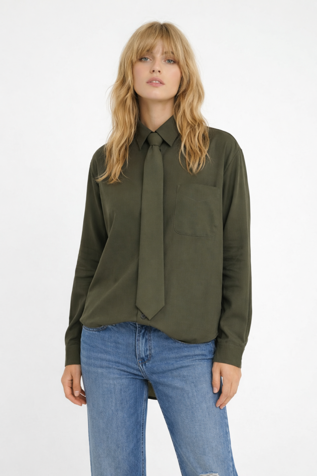 Koszula khaki oversize My Style jedwab/wiskoza z krawatem - komplet