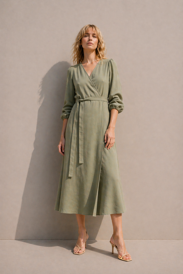 Sukienka kopertowa khaki z paskiem z długim rękawem z  tencelu