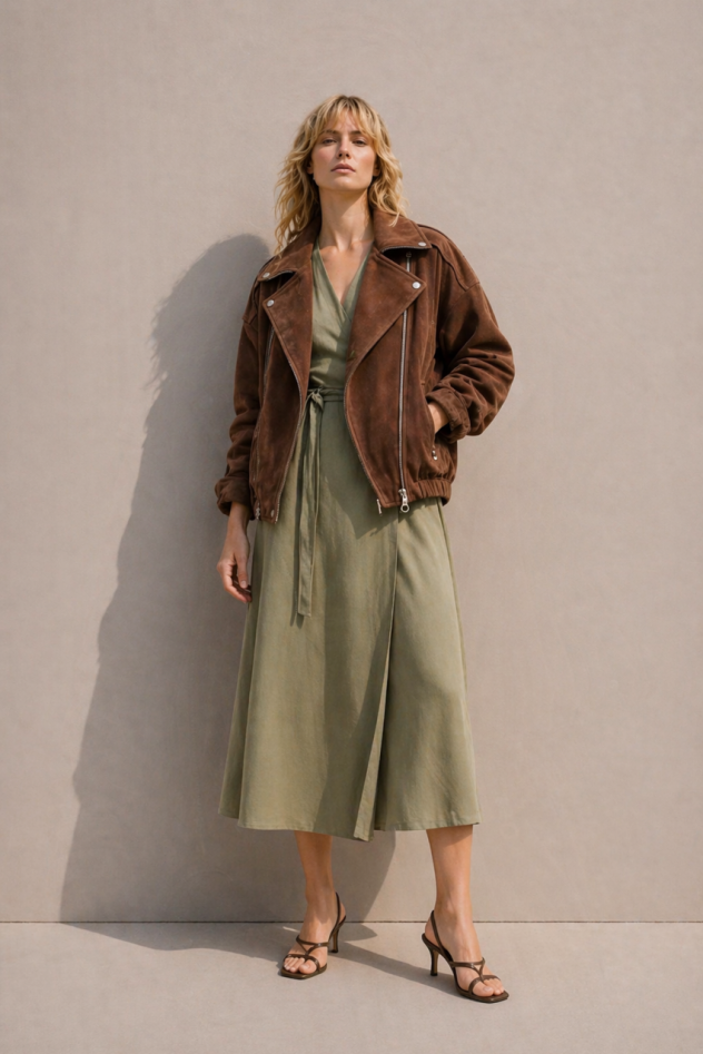 Sukienka kopertowa khaki z paskiem z długim rękawem z  tencelu