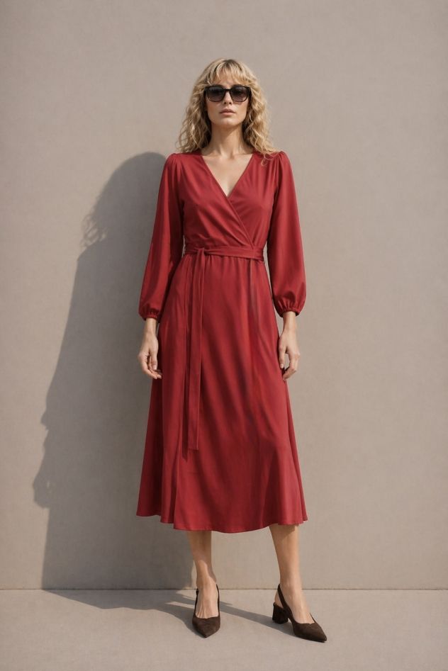 Bawełniana miękka sukienka kopertowa midi soczysta czerwień jak wino 