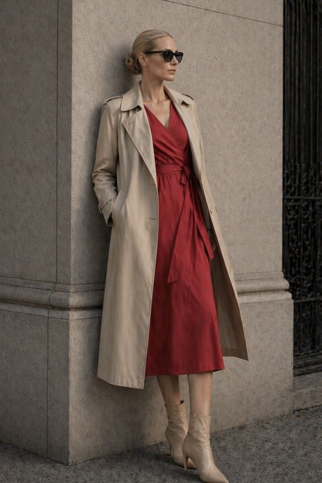 Bawełniana miękka sukienka kopertowa midi soczysta czerwień jak wino 