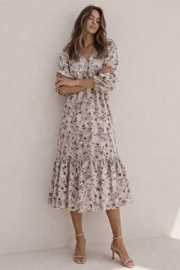 Wiskozowa sukienka szaro niebieska w łagodny łączkowy wzór CELEBRATION z falbaną i paskiem