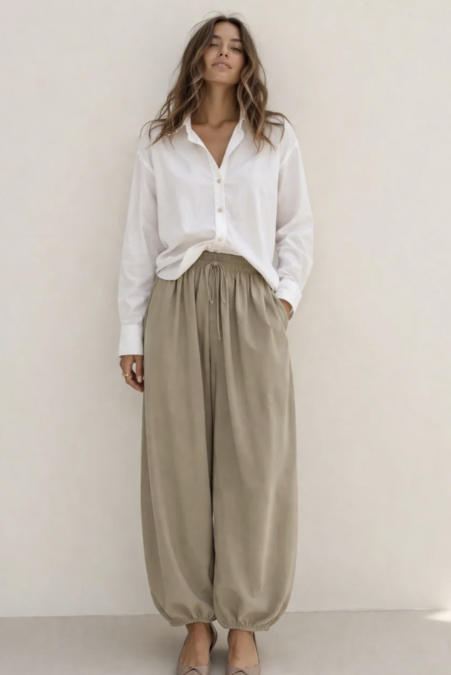 Beżowe spodnie alladynki sindbady tencel długość 7/8 