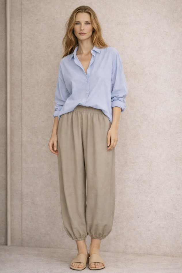 Beżowe spodnie alladynki sindbady tencel długość 7/8 