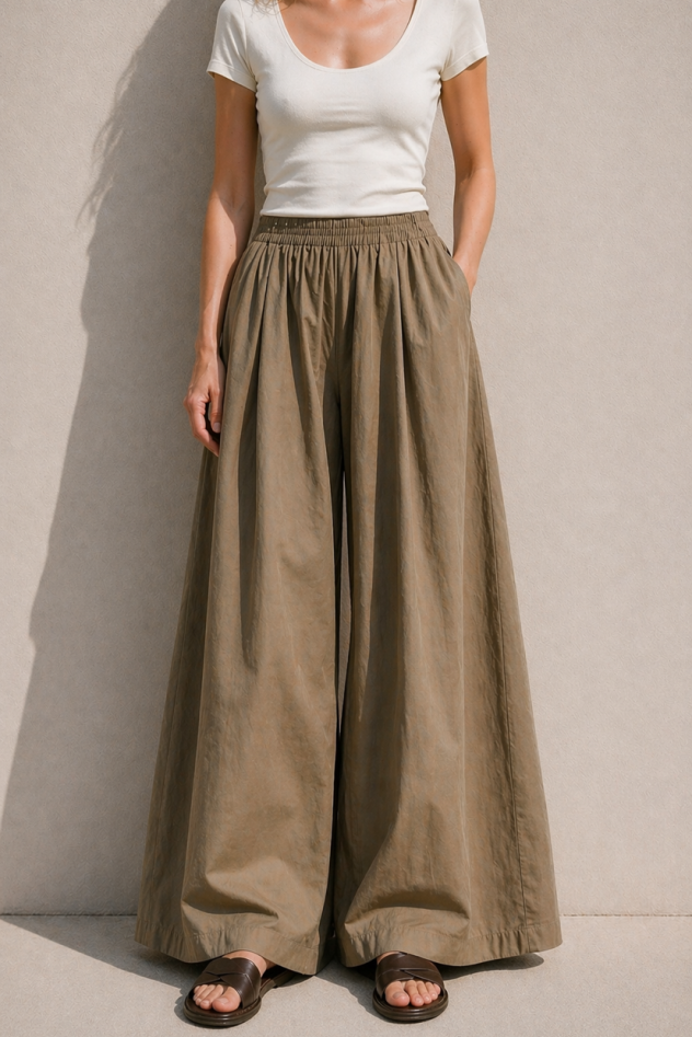 Szerokie luźne spodnie spódnico spodnie bawełniane camelowo beżowe popelinowe