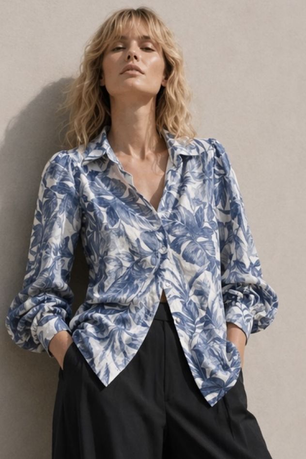 Koszula damska w niebiesko biały print kwiatowy 
