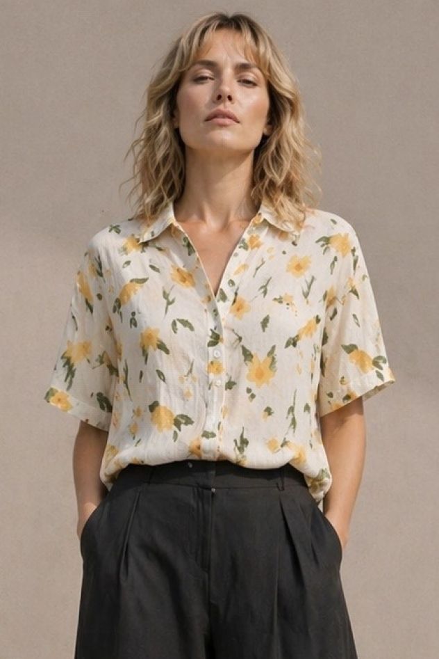 Koszula bawełniana ecru w żółte kwiaty
