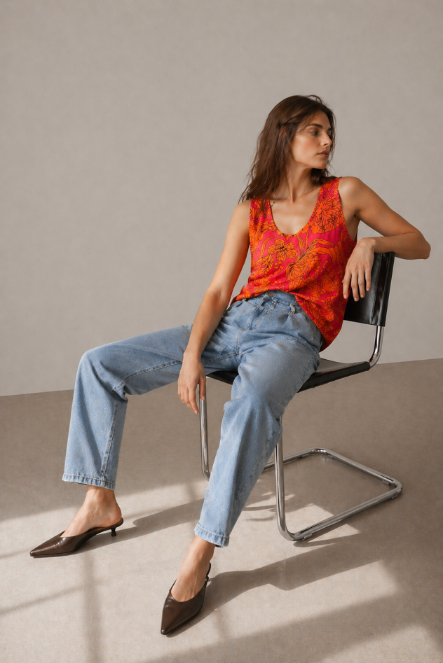 Kolorowy pomarańczowo różowy wiskozowy top bluzka samodzielny lub pod marynarkę