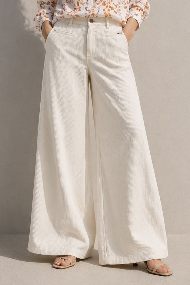 Spodnie KREMOWE sztruksowe szerokie z zakładkami i suwakiem 