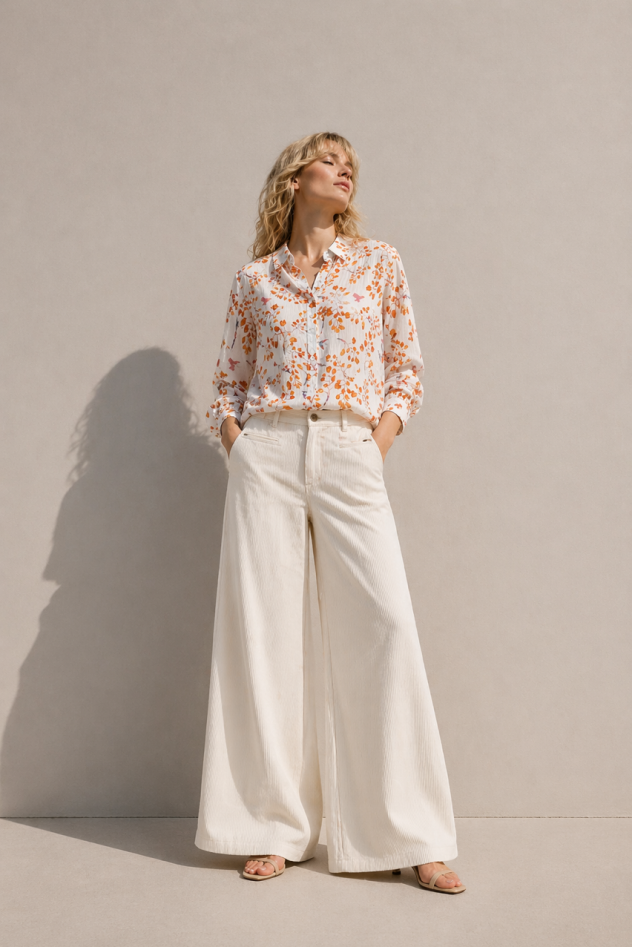 Koszula bawełniana ecru w pomarańczowe kwiaty