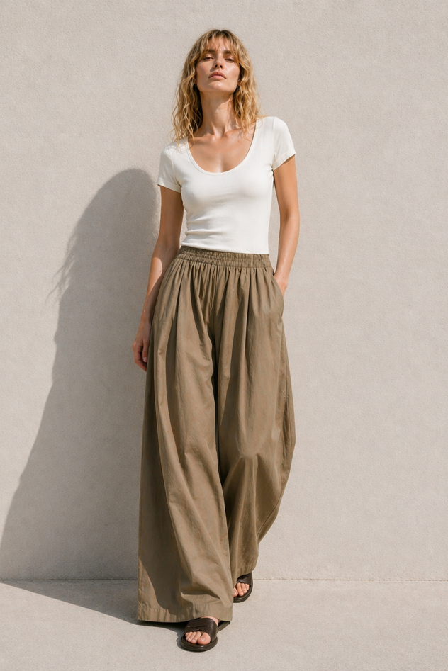 Szerokie luźne spodnie spódnico spodnie bawełniane camelowo beżowe popelinowe