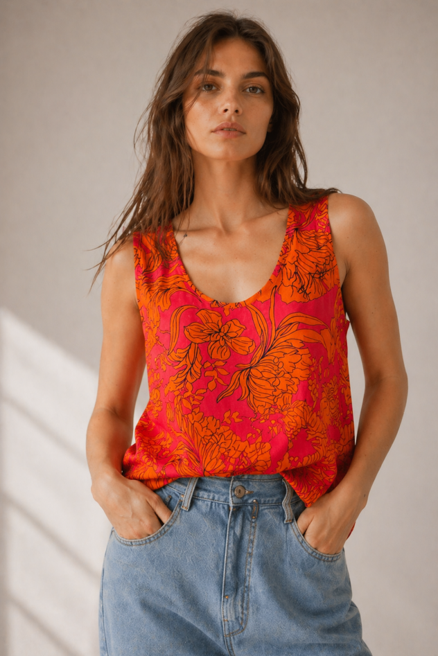 Kolorowy pomarańczowo różowy wiskozowy top bluzka samodzielny lub pod marynarkę