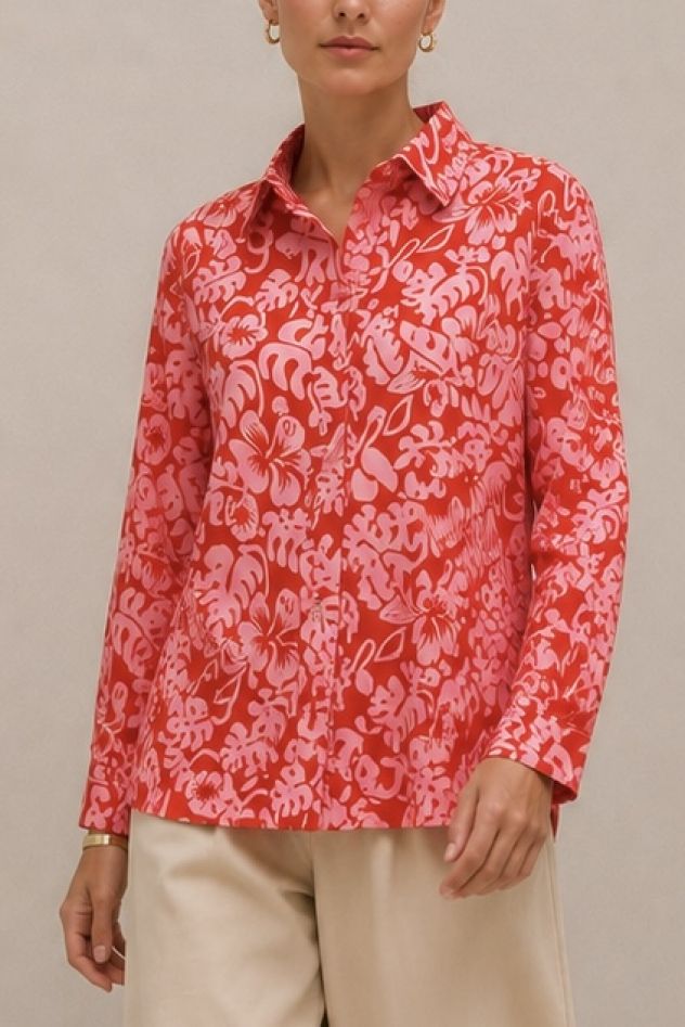 Koszula oversize bawełniana czerwona w kwiaty różowe My Style  