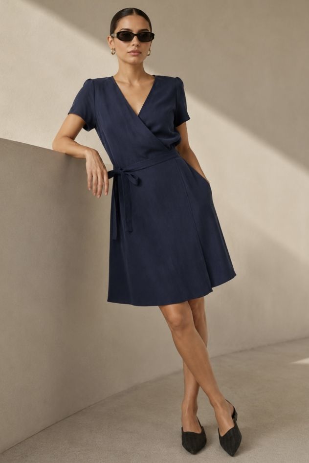 Krótka sukienka granatowa kopertowa 100% tencel