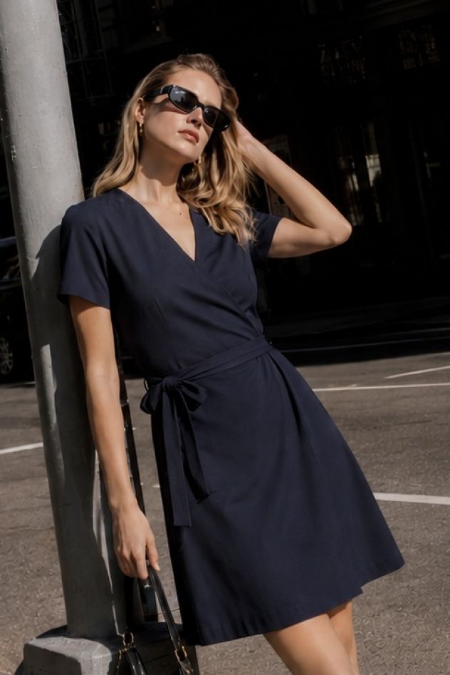 Krótka sukienka granatowa kopertowa 100% tencel