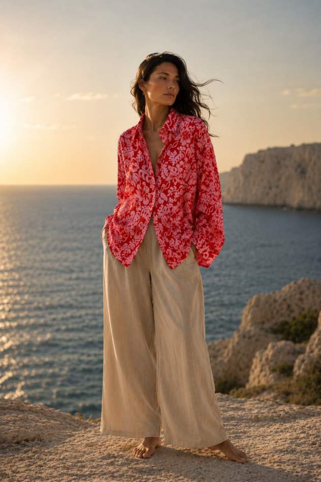 Koszula oversize bawełniana czerwona w kwiaty różowe My Style  