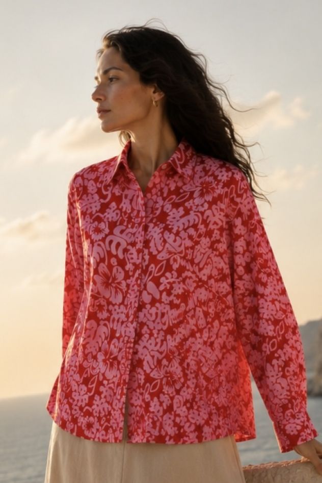 Koszula oversize bawełniana czerwona w kwiaty różowe My Style  
