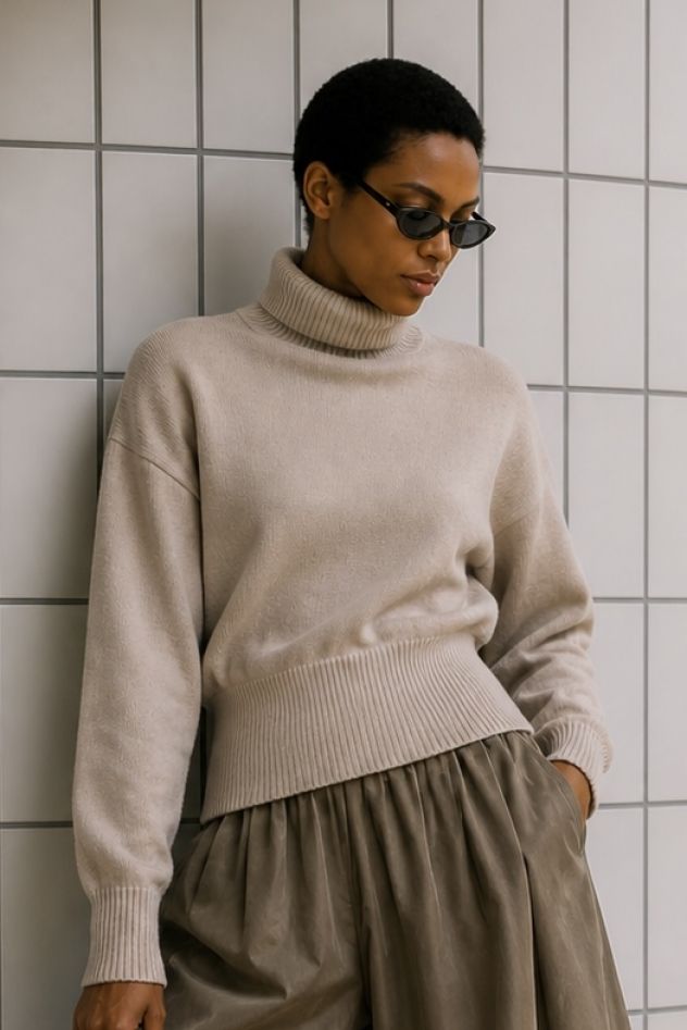 Wiskozowy sweter beżowy z golfem miękki 