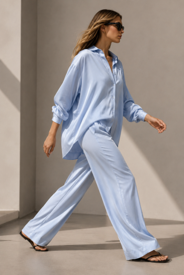 SHOP THE LOOK 10 - błękitna 100% mięciutka wiskoza kuloty i koszula na guziki