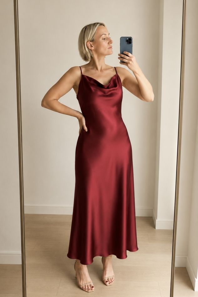 Sukienka bordowa elegancka zwiewna taliowane min z efektem wody THE FEMININE