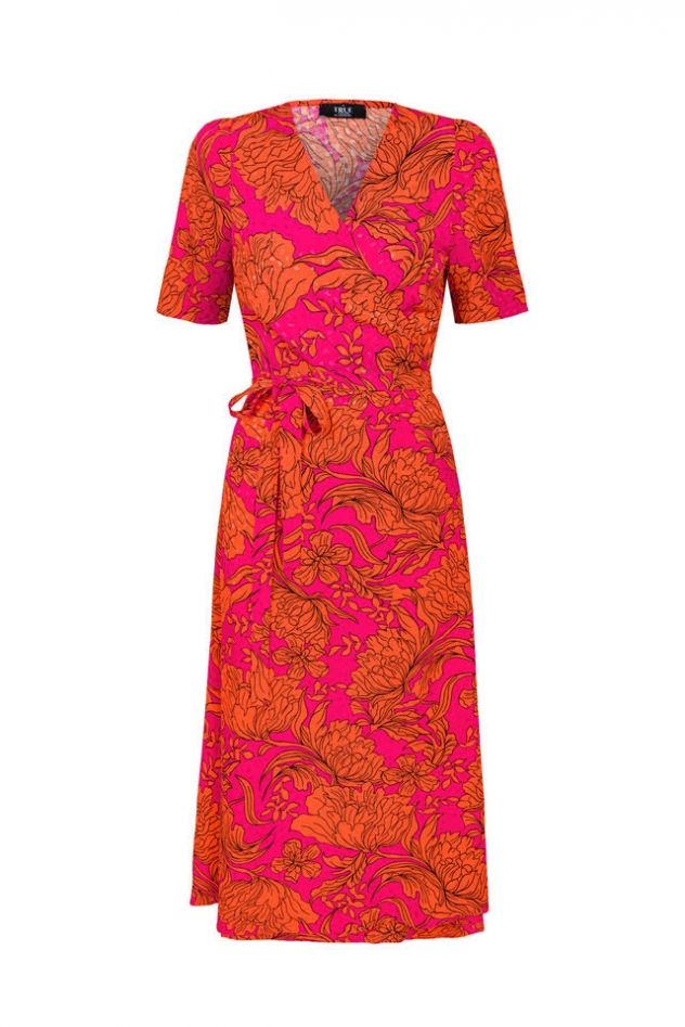 Wiskozowa sukienka kopertowa w pomarańczowo różowe kwiaty