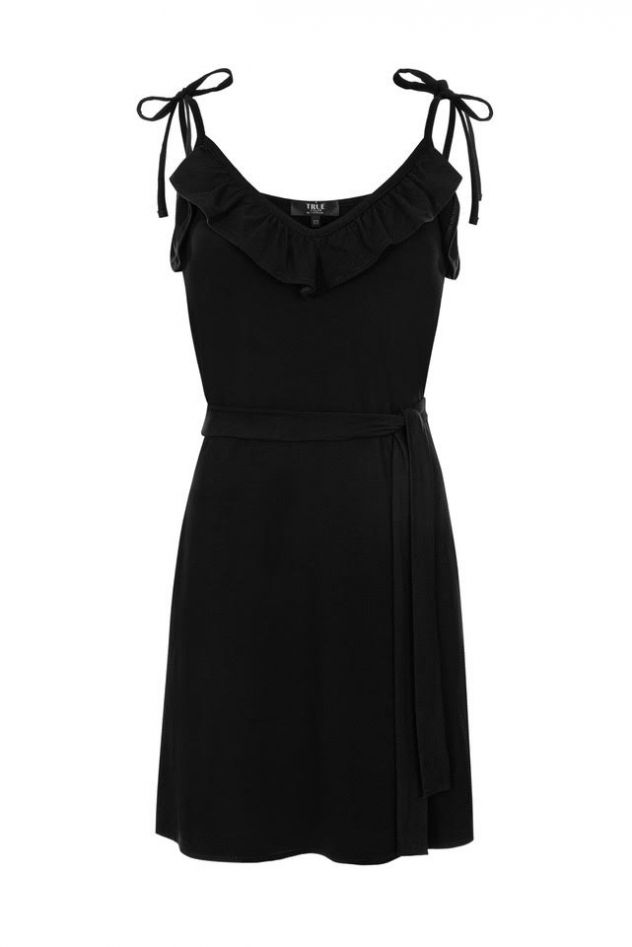 Bawełniana czarna oversize sukienka przed kolano z dekoltem w serek i falbanka 
