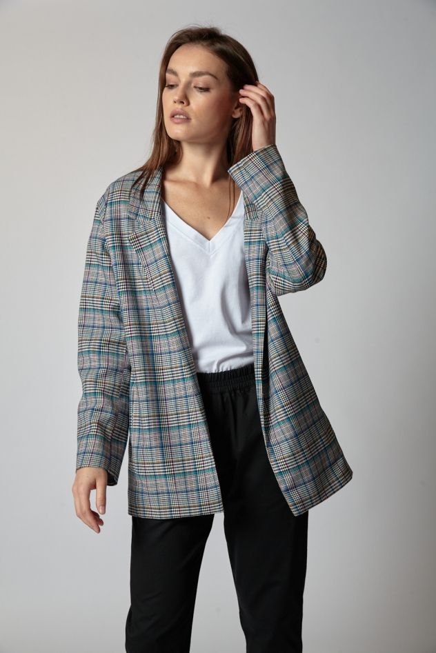 Oversize'owa Marynarka w kratę LOOSE and ELEGANCE 100% włoskiej bawełny
