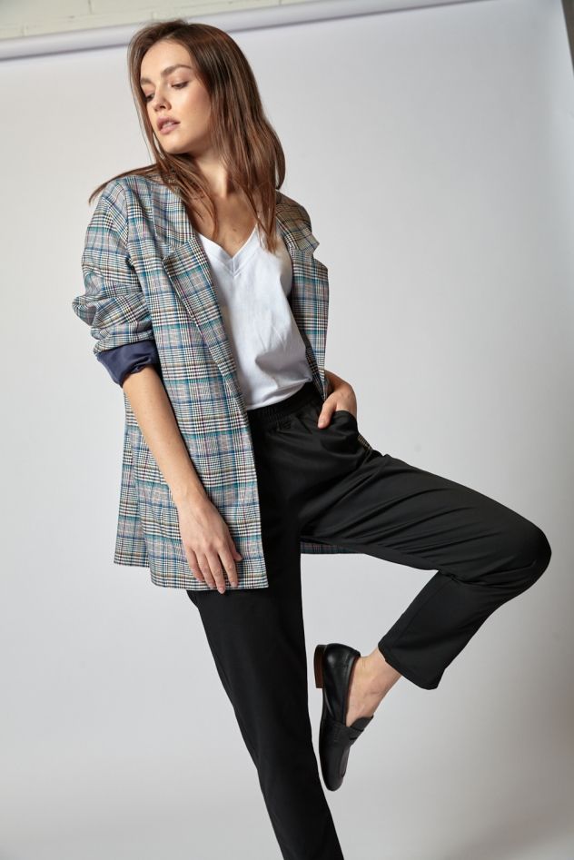 Oversize'owa Marynarka w kratę LOOSE and ELEGANCE 100% włoskiej bawełny