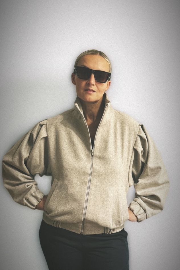 100% WEŁNIANA Kurtka BOMBER melanżowy beż z bardzo szerokim rękawem