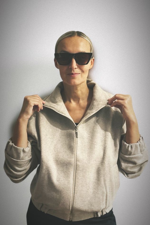 100% WEŁNIANA Kurtka BOMBER melanżowy beż Z WĄSKIM REKAWEM