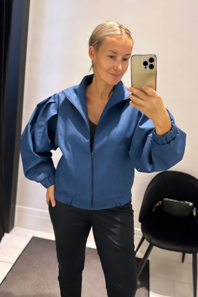 100% WEŁNIANA Kurtka BOMBER ASPEN LOOK melanżowy beż z bardzo szerokim rękawem