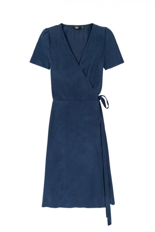 Błękitna niebieska sukienka kopertowa z paskiem z krótkim rękawem  tencelu 