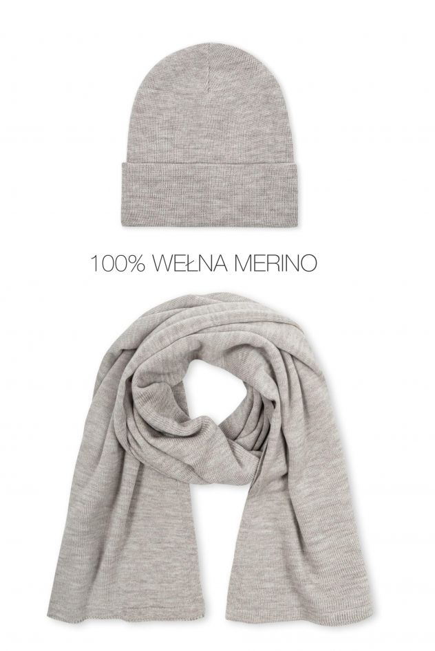 Komplet 100% Merino Wełniana Czapka i Wełniany Zimowy SZAL merino unisex Beż melanż