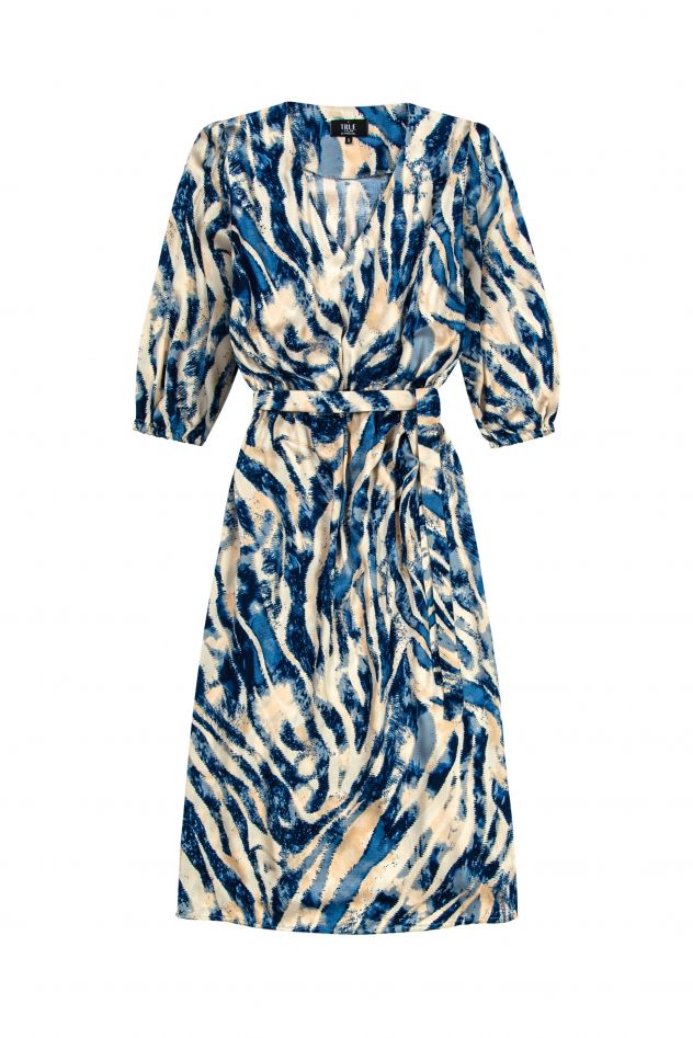 Wiskozowa sukienka jedwabna w dotyku Niebiesko-Błękitno-białe maziaje z paskiem i gumką w talii