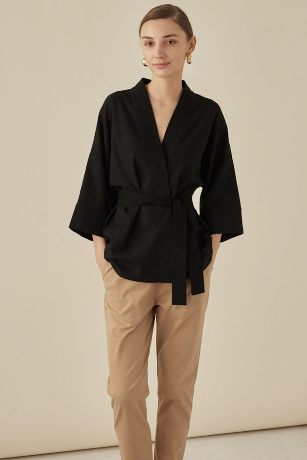 Czarne kimono narzutka lniana z paskiem opcjonalnym