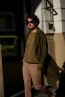 Długi i krótszy bawełniany 100% ZIELONA oliwka khaki sweter z okrągłym dekoltem oversize z naturalnej dzianiny