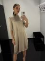 Beżowa szampańska elegancka sukienka jedwabna z gumką przy szyi jedwab wiskoza