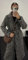 Długi Wełniany smukły zimowy Płaszcz 100% wełna DREAM MAXI w biało czarną jodełkę 