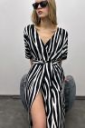 Sukienka kopertowa PARIS PARIS LONG midi wiskozowa czarno-biały print zebra z szerokim paskiem 100% wiskoza włoska