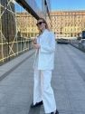 SHOP THE LOOK 7 - garnitur bawełna ecru ciepła biel w delikatne prążki - wersja z długą marynarką 