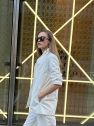SHOP THE LOOK 7 - garnitur bawełna ecru ciepła biel w delikatne prążki - wersja z długą marynarką 