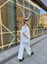 SHOP THE LOOK 7 - garnitur bawełna ecru ciepła biel w delikatne prążki - wersja z długą marynarką 
